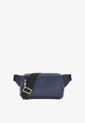 Marineblå syntetisk hoftepose med geometrisk mønster, lynlåslommer, justerbar sort rem og logoaccent på forsiden.