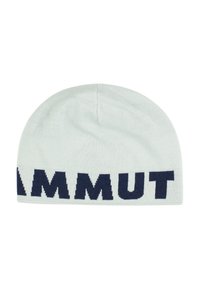 Lys grå strikket hue med store, fede sorte bogstaver langs den nederste kant, der delvist staver "MAMMUT"