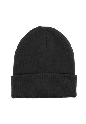 Black knitted beanie hat with folded cuff, plain design, displayed against a white background.