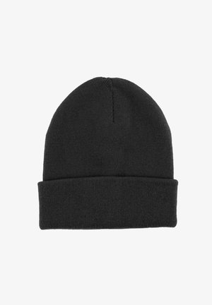 Black knitted beanie hat with folded cuff, plain design, displayed against a white background.