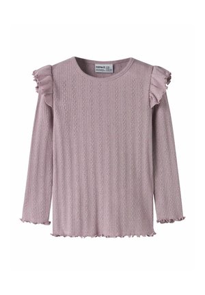 Lichtpaars gebreide top met lange mouwen, verticale kantpatroon en kleine ruches op schouders, manchetten en zoom.