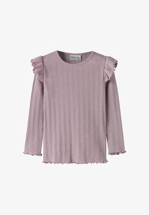 Lyse lilla langærmet strikket top med lodret blonde mønster og små flæsedetaljer på skuldre, manchetter og kant.