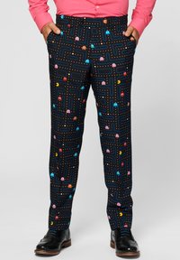 Black pants with a Pac-Man pattern, featuring colorful characters and maze designs. Made from a smooth, lightweight fabric.