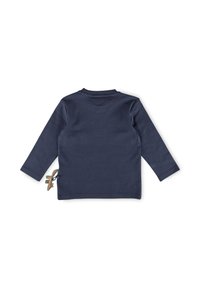Marineblaues Langarmshirt mit Rundhalsausschnitt, aus weichem Baumwollmaterial, und einer dekorativen Kordel mit Dinosaurier-Akzent an der unteren Seite.
