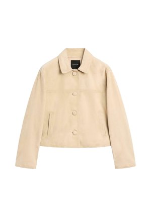 Beige Wildleder-Cropped-Jacke mit Kragen, vorderer Knopfleiste, zwei Seitentaschen und glatter Textur.