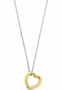 Silberne Kettenhalskette mit einem polierten goldenen Herzanhänger, runde Form, glatte Textur und gleichmäßige Dicke.