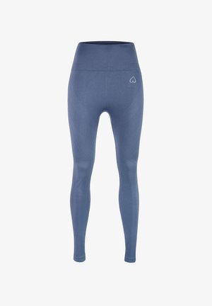 Legginsy w kolorze niebieskim o wysokim stanie, wykonane z elastycznej tkaniny; posiadają teksturowane wzorzyste panele oraz małe logo na pasie.