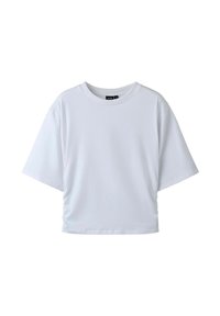 Hvid kortærmet t-shirt med rund halsudskæring og samling på siden. Lavet af et glat, let stof.