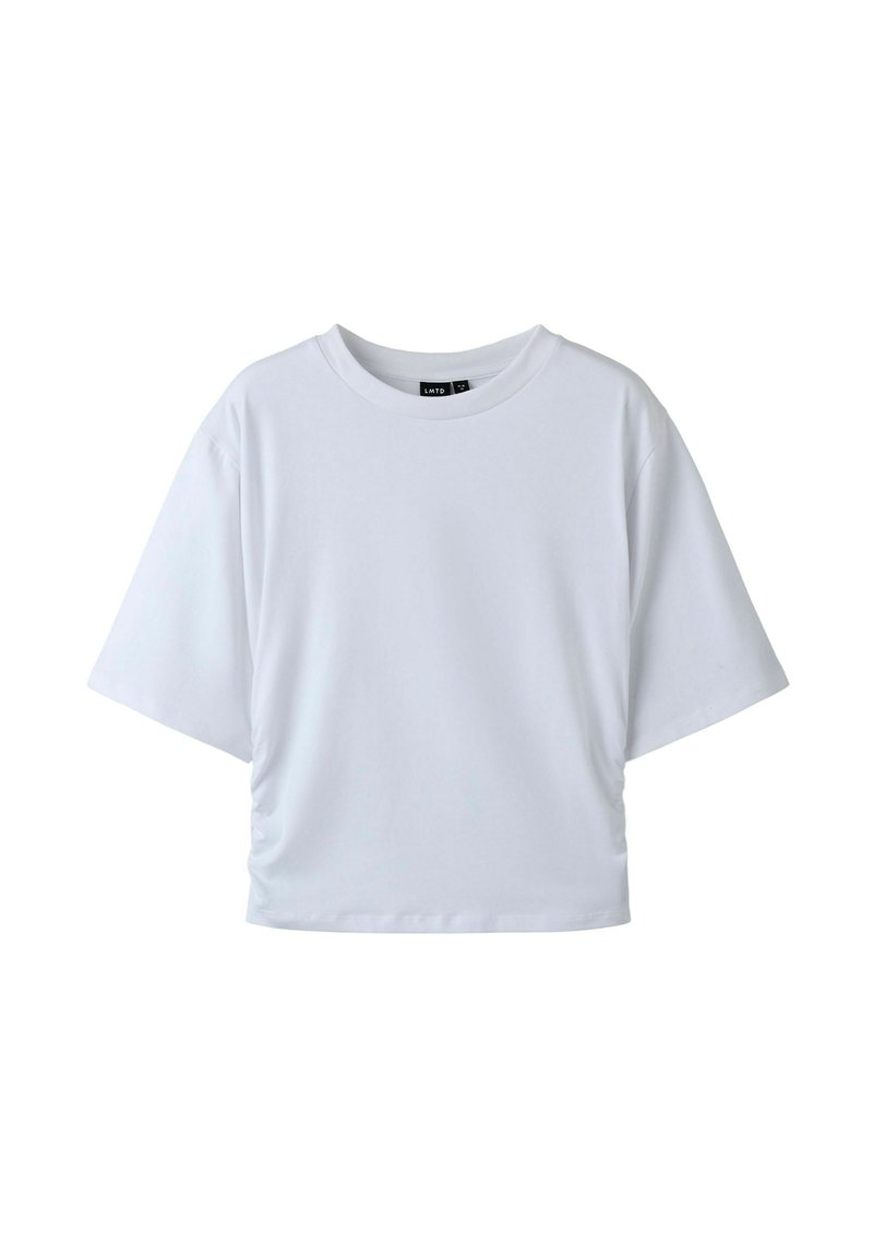 Hvid kortærmet t-shirt med rund halsudskæring og samling på siden. Lavet af et glat, let stof.
