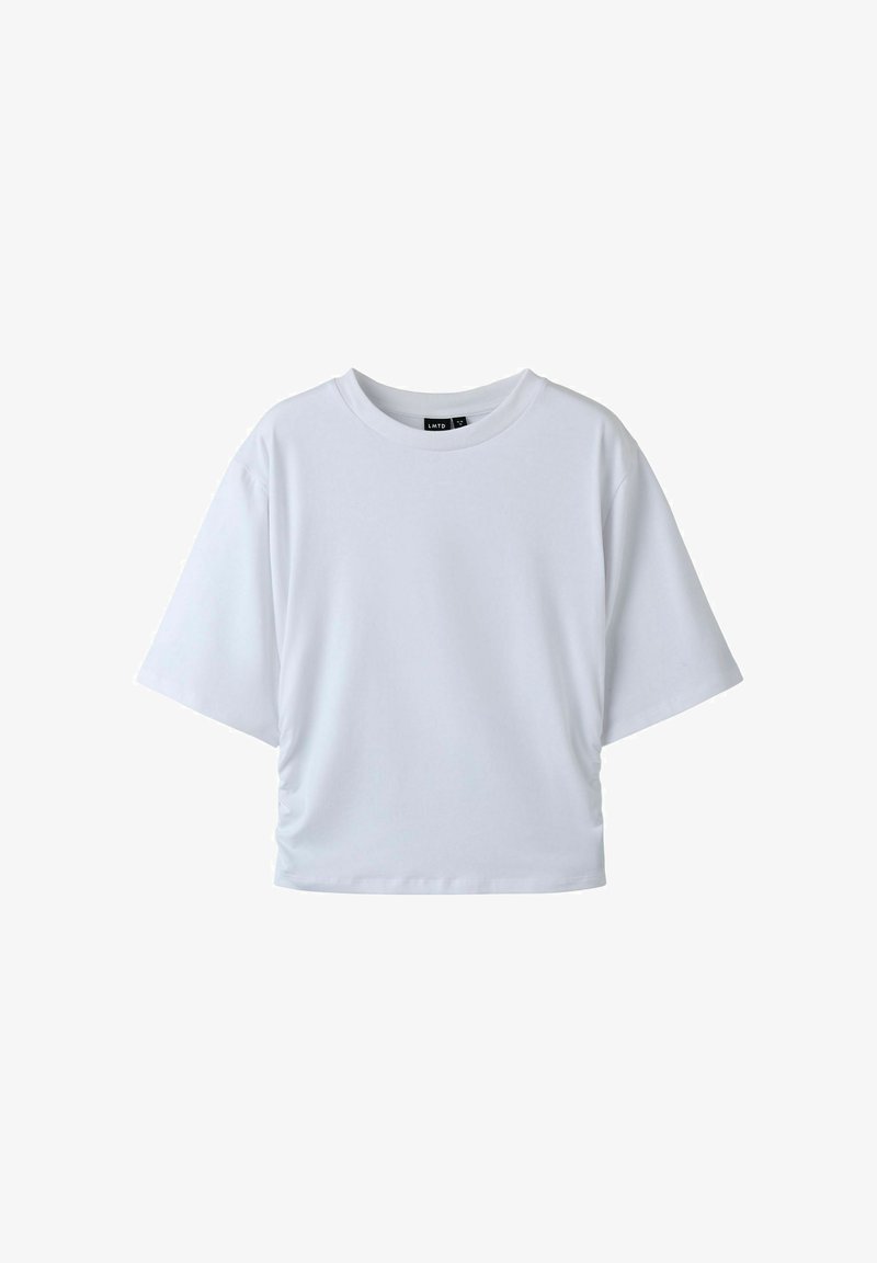 Biała koszulka z krótkim rękawem i okrągłym dekoltem oraz marszczeniem z boku. Wykonana z gładkiego, lekkiego materiału.