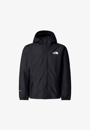 Melna ūdensizturīga jaka ar kapuci, priekšā rāvējslēdzējs, elastīgi aproces un divas sānu kabatas. Piedurkņu atstarojošie elementi.