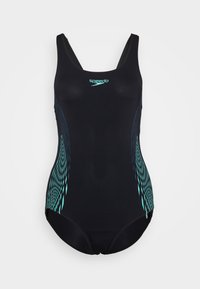 Black one-piece swimsuit with a fitted design. Features turquoise and black line patterns on the sides. Elastic material with a sleek finish.