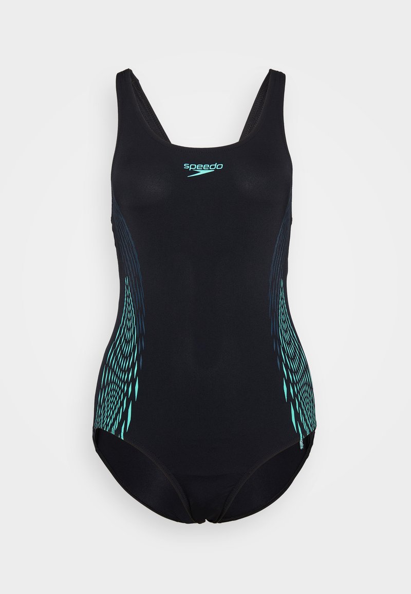 Black one-piece swimsuit with a fitted design. Features turquoise and black line patterns on the sides. Elastic material with a sleek finish.