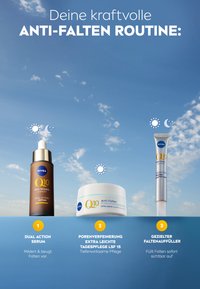 Three NIVEA Q10 skincare products on a blue background: a dark bottle with dropper, a white jar, and a silver tube, all for anti-wrinkle care.