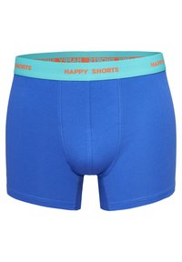 Blauwe katoenen boxershorts met een turquoise tailleband en oranje tekst "HAPPY SHORTS." Gladde textuur, aansluitend ontwerp, lengte tot halverwege de dij.