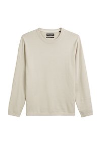 T-shirt à manches longues beige clair en coton doux. Col rond et poignets côtelés, texture lisse et ourlet droit. Design simple sans motifs.