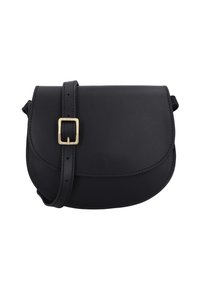 Borsa a tracolla in pelle nera con pattina curva, fibbia in metallo dorato e tracolla regolabile. Texture liscia e design minimalista.