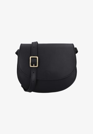 Črno usnjena torbica čez ramo z ukrivljenim poklopcem, z zaponko v zlati barvi in nastavljivim trakom. Gladek tekstura in minimalističen dizajn.