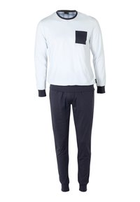 Maglia a maniche lunghe blu chiaro con tasca blu navy, abbinata a joggers blu navy scuro con polsini e vita elastici. Tessuto in misto cotone.