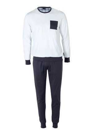 Maglia a maniche lunghe blu chiaro con tasca blu navy, abbinata a joggers blu navy scuro con polsini e vita elastici. Tessuto in misto cotone.