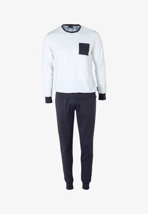 Maglia a maniche lunghe blu chiaro con tasca blu navy, abbinata a joggers blu navy scuro con polsini e vita elastici. Tessuto in misto cotone.