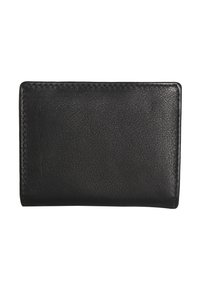 Musta nahkainen lompakko, jossa näkyvät saumat reunoilla, esitetty suljettuna valkoista taustaa vasten.