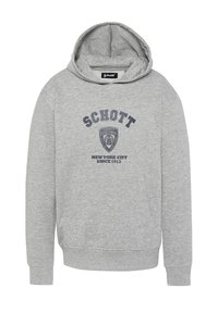 Felpa grigia con cappuccio e tasca frontale, con la scritta "SCHOTT", un logo a scudo e "New York City Since 1913" stampato in blu navy.