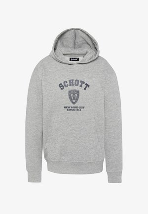 Grauer Kapuzenpullover mit Fronttasche, der "SCHOTT", ein Wappen-Logo und "New York City Since 1913" in Marineblau bedruckt hat.