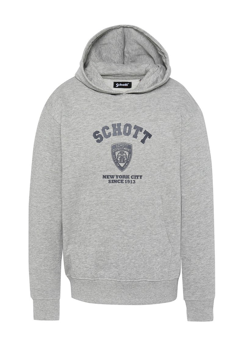 Felpa grigia con cappuccio e tasca frontale, con la scritta "SCHOTT", un logo a scudo e "New York City Since 1913" stampato in blu navy.