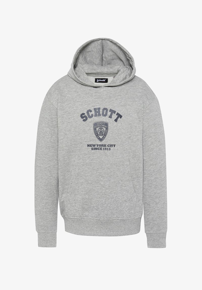Sudadera gris con capucha y bolsillo frontal, con "SCHOTT", un logo de escudo y "New York City Since 1913" impreso en azul marino.