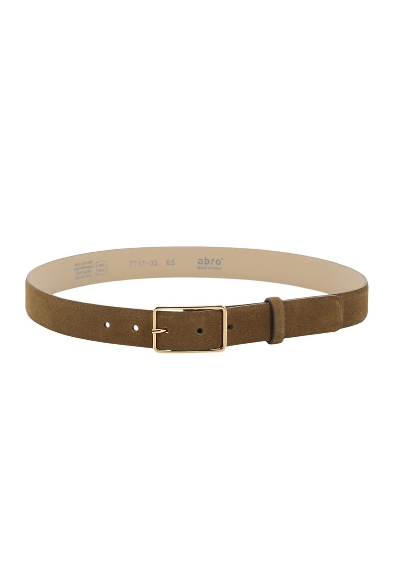 Brown suede belt featuring a gold metal buckle, five adjustment holes, and a smooth inner lining. Designed for both comfort and fit.