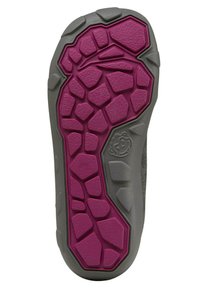 Gummisohle mit strukturiertem grauen Oberflächen und pinken Akzenten. Bietet ein einzigartiges Muster aus erhöhten hexagonalen Formen für besseren Halt.