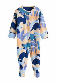 Body per bambini in morbido cotone con texture a coste, caratterizzato da un motivo astratto multicolore nei toni del blu, del crema e del beige. Chiusura frontale con bottoni a pressione.