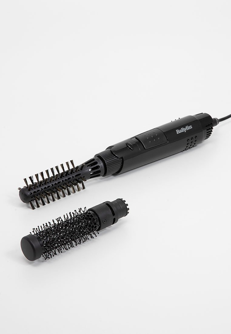 Czarna podgrzewana szczotka do stylizacji z dwoma wymiennymi wkładami; wyposażona w teksturowany uchwyt i przyciski do regulacji temperatury.
