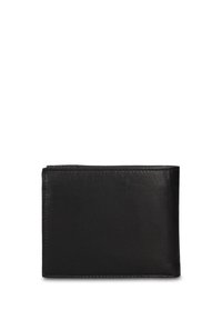 Zwarte leren portemonnee met een gladde textuur, bi-fold ontwerp en afgeronde hoeken; voorzien van subtiele stikaccenten. Compact en functioneel.