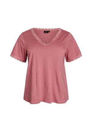 Blusa rosa a maniche corte con scollo a V e rifiniture in pizzo sul collo e sui bordi delle maniche, vestibilità ampia, tessuto uniforme.