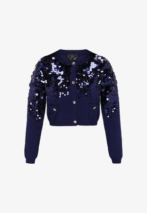 Marineblaues kurzgeschnittenes Strickjäckchen mit langen Ärmeln, goldenen Knöpfen, zwei kleinen vorderen Taschen und dicht gruppierten dunkelblauen Pailletten an der oberen Vorderseite und den Ärmeln.