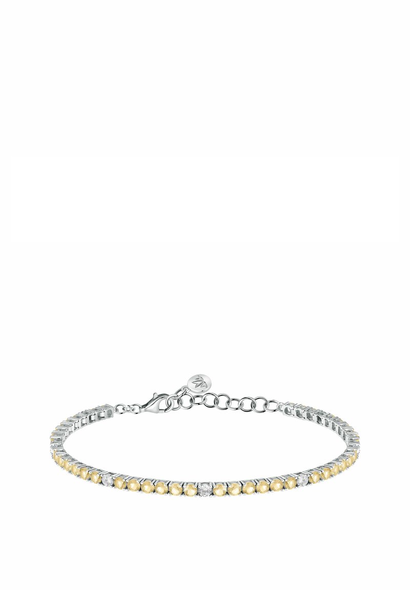 Bracciale d'argento con pietre alternate gialle e trasparenti, forme rettangolari e rotonde, con chiusura a moschettone e catena regolabile.