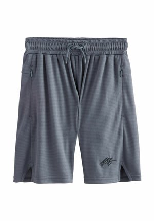 Graue Sportshorts aus strukturiertem Gewebe. Mit elastischem Bund und Kordelzug, zwei Reißverschluss-Taschen und seitlichen Belüftungsöffnungen.