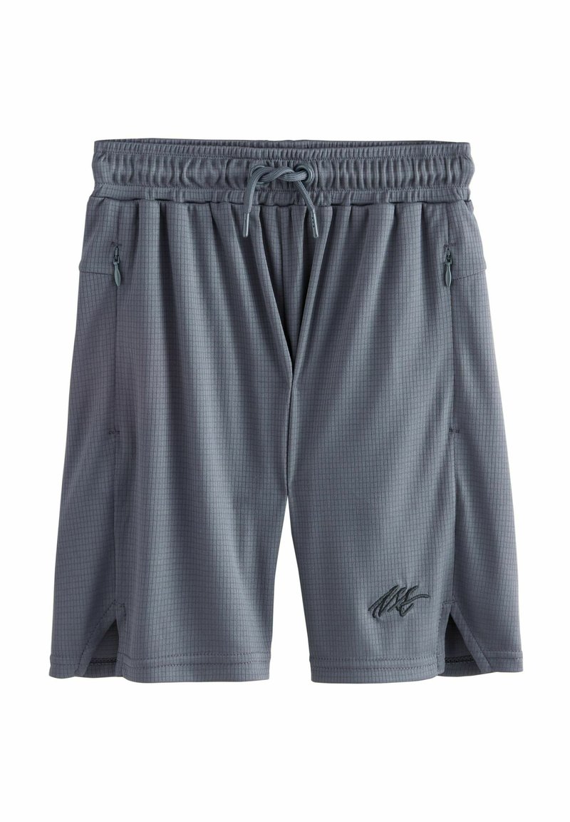 Shorts d'athlétisme gris en tissu texturé. Dotés d'une taille élastique avec cordon de serrage, de deux poches zippées et d'ouvertures latérales.