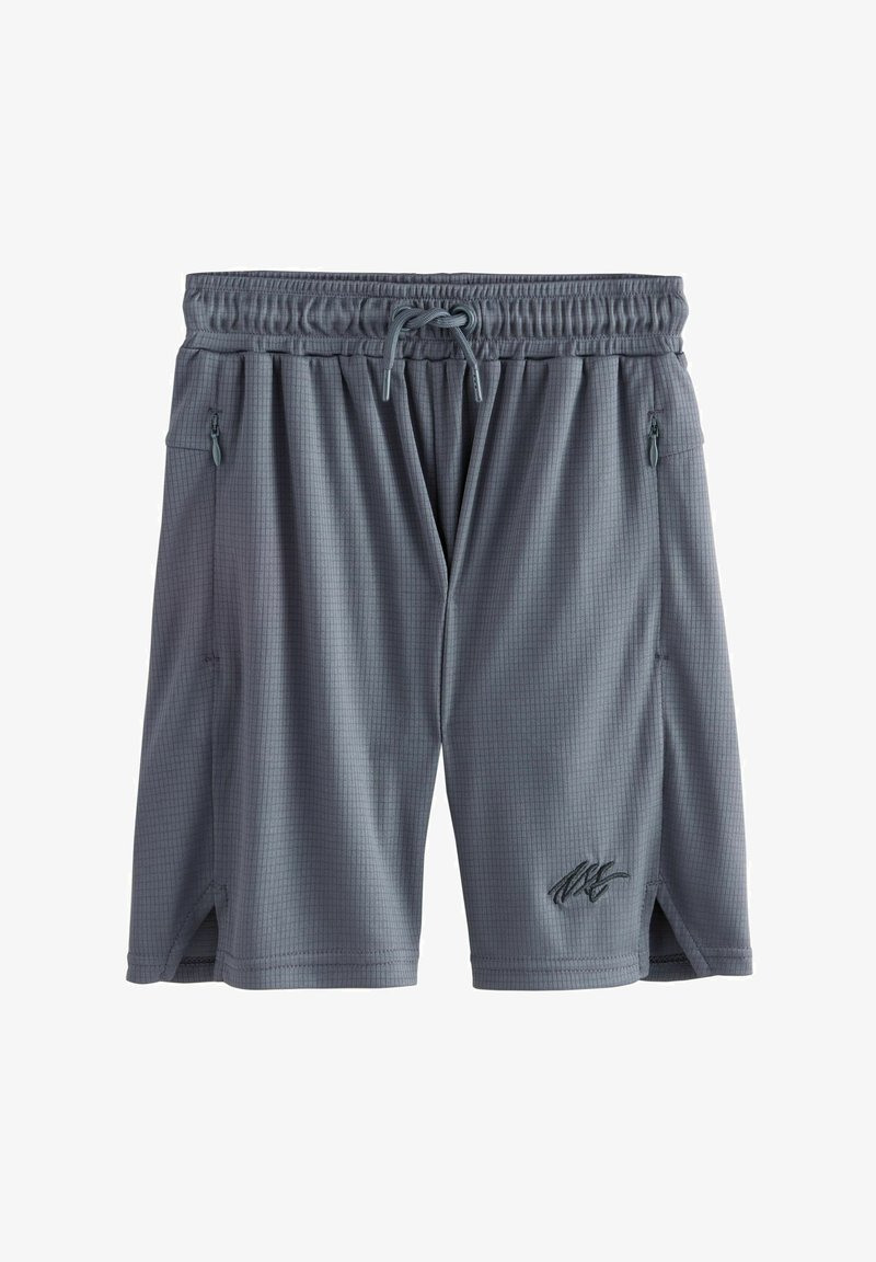 Shorts d'athlétisme gris en tissu texturé. Dotés d'une taille élastique avec cordon de serrage, de deux poches zippées et d'ouvertures latérales.