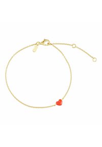 Bracelet en chaîne dorée avec un petit pendentif en forme de cœur rouge, design délicat avec un fermoir à homard et longueur ajustable.