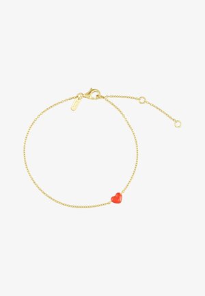 Bracelet en chaîne dorée avec un petit pendentif en forme de cœur rouge, design délicat avec un fermoir à homard et longueur ajustable.