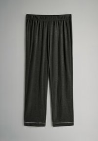 Dunkelgraue Schlafanzughosen mit einem elastischen Bund und weißen Akzenten an den Beinabschlüssen. Hergestellt aus weich textil und leichtem Material.