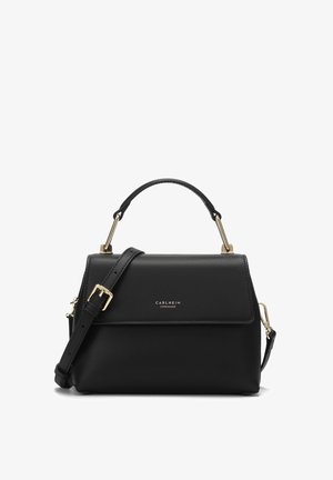 Sac à main en cuir noir avec poignée supérieure et bandoulière réglable, ferrures dorées et logo "Carlheim Copenhagen" sur le rabat avant.