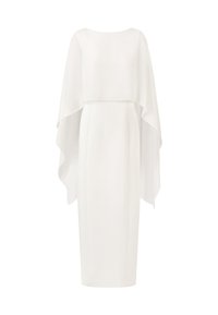 White dress featuring a smooth, fitted silhouette with a flowing cape-style overlay. Made of lightweight fabric with a round neckline.