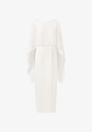 Weißes Kleid mit einer glatten, figurbetonten Silhouette und einem fließenden Überwurf im Cape-Stil. Hergestellt aus leichtem Stoff mit rundem Ausschnitt.