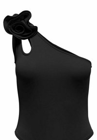 Costume da bagno nero monospalla con un'aggiunta floreale testurizzata sulla spalla. Materiale liscio con un design aderente e un dettaglio a taglio.