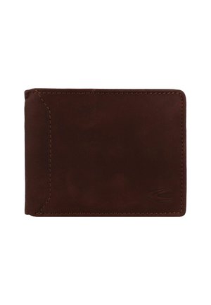 Brown leather wallet, rectangular shape, smooth texture, visible stitching, and subtle logo detail in the bottom corner.