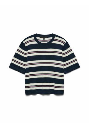 Haut en maille à manches courtes avec des rayures horizontales bleu marine, blanches et fines roses, col rond et ourlet droit.